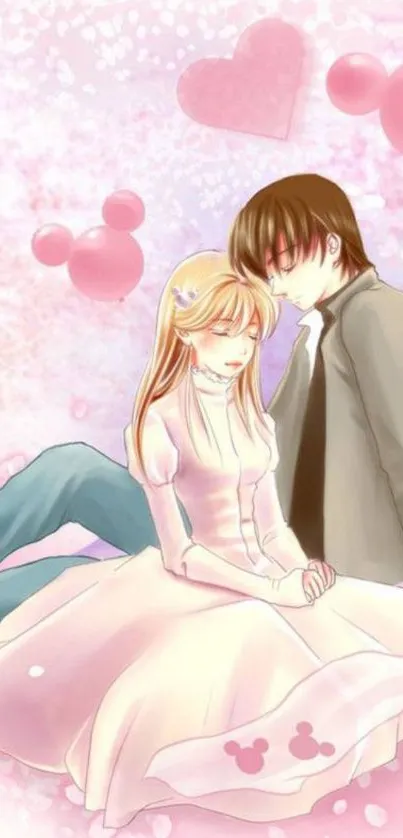 Anime couple sitting together in a loving embrace with pink heart motifs.