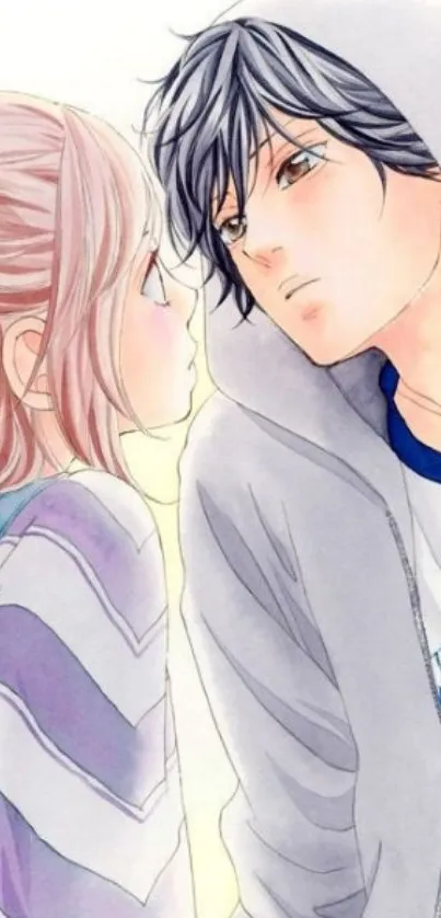 Romantic anime couple with pastel hues.