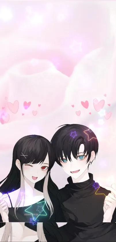 Anime couple with hearts and stars on a light pink background.