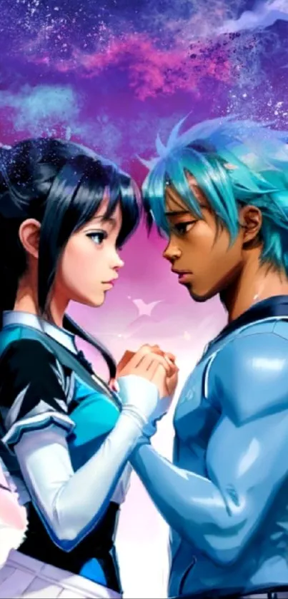 Anime couple in a romantic moment with a colorful sky background.