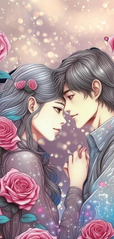 Romantic anime couple surrounded by roses.