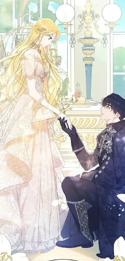 Anime couple in an elegant setting, depicting fantasy romance.