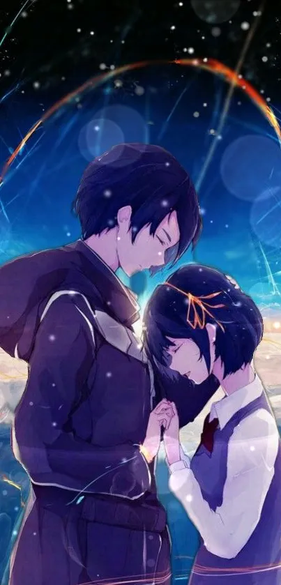 Romantic anime couple embracing under a starry sky.