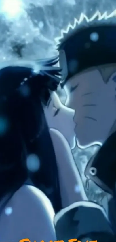 Anime couple sharing a kiss in a snowy, magical setting.