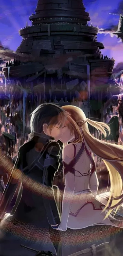 Anime couple sitting in a fantasy setting with a purple sky.