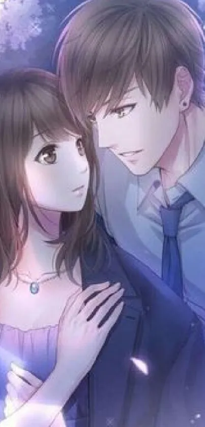 Romantic anime couple under a dreamy night sky.