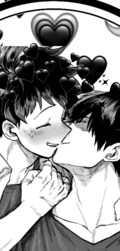 Black and white anime couple with hearts.