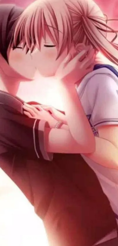 Anime couple sharing a romantic kiss with a pink background.