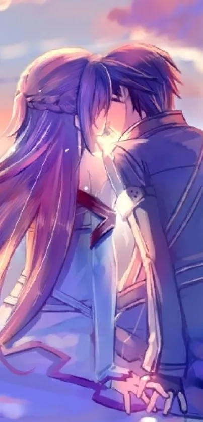 Romantic anime couple under a sunset with purple hues.