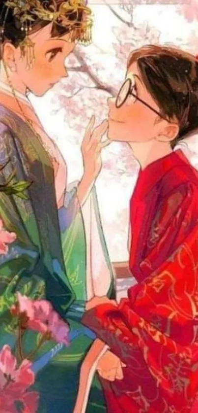 Anime couple in traditional attire with cherry blossoms.