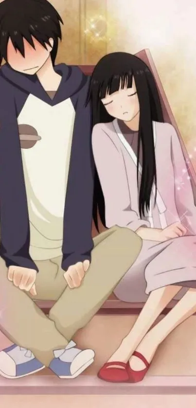 Anime couple sitting together with a pink background.