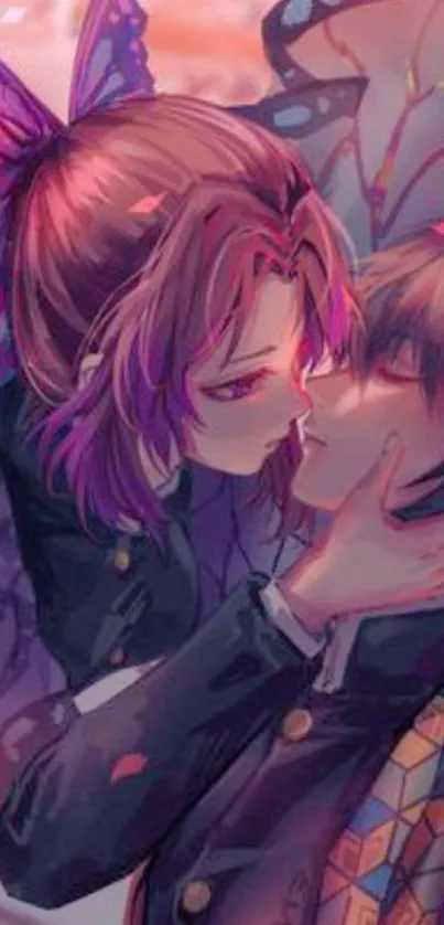 Anime couple embracing with vivid colors.