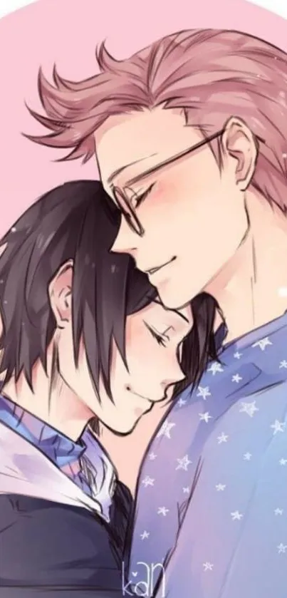 Romantic anime couple embracing with pastel pink background.