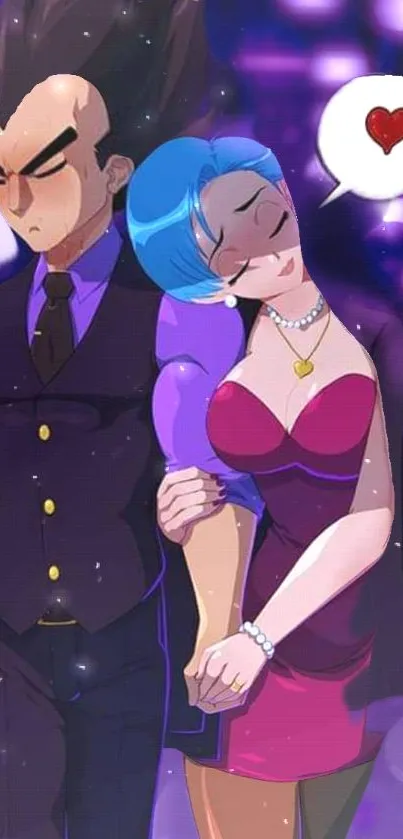 Romantic anime couple in elegant attire on a purple themed background.