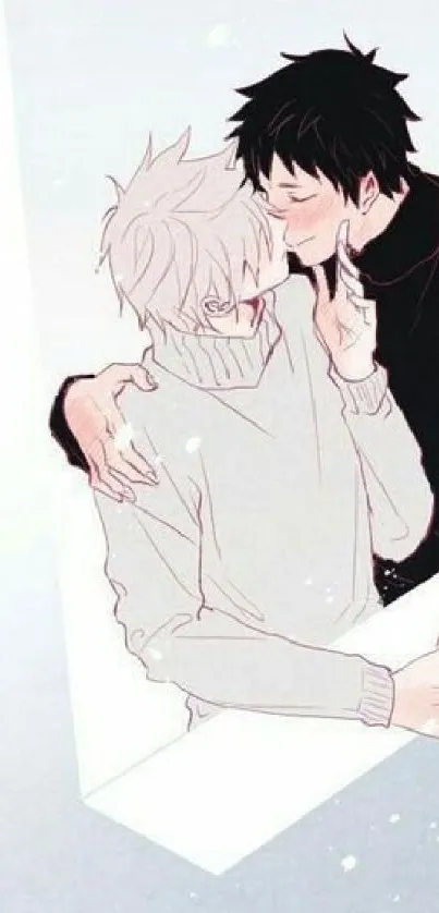 Anime couple sharing a loving moment in soft tones.