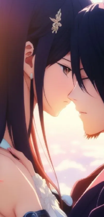 Anime couple in a romantic embrace at sunset.