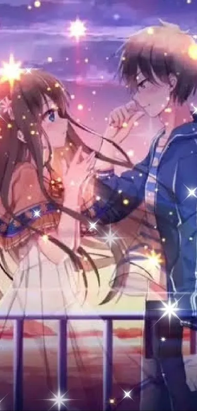 Romantic anime couple under a starlit sky with vibrant and colorful scenery.