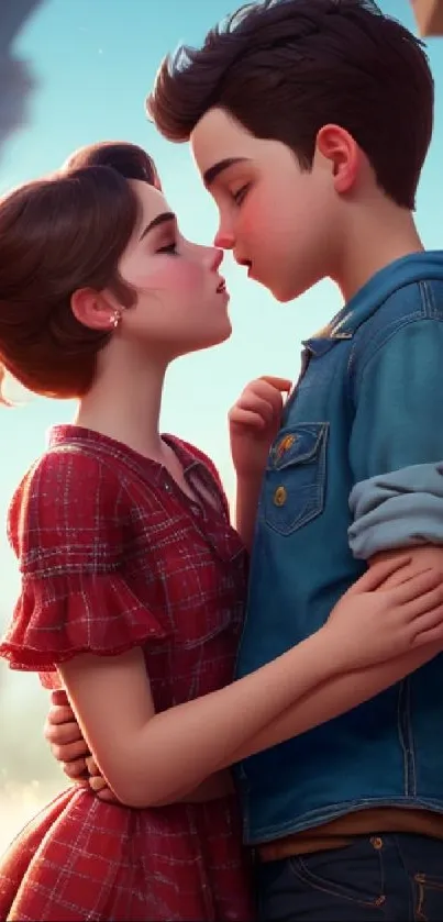 Anime couple in a romantic embrace under a clear sky.