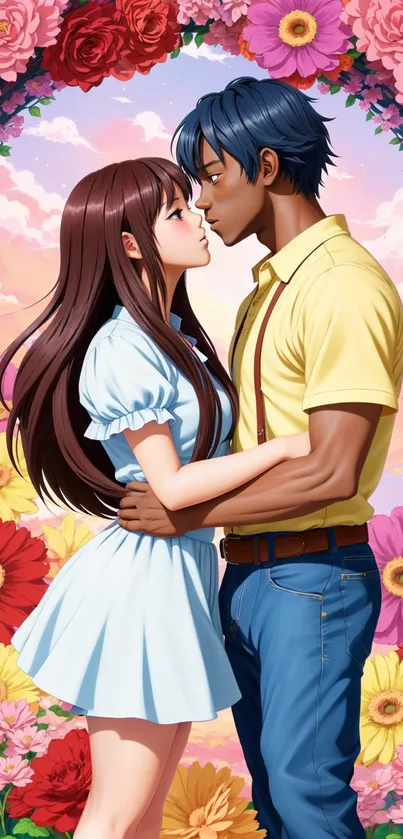 Anime couple embracing with floral backdrop.