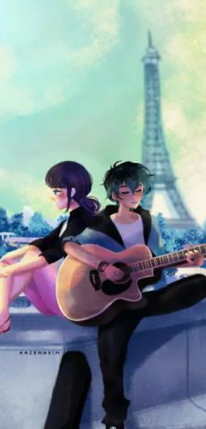 Anime couple with guitar by Eiffel Tower in romantic scene.