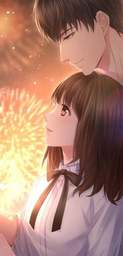 Romantic anime couple under fireworks with a warm glow backdrop.