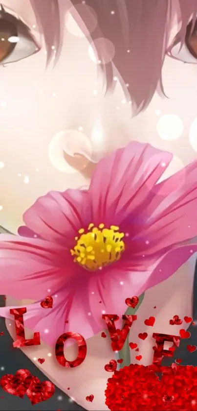 Anime wallpaper with pink flower and love accents.