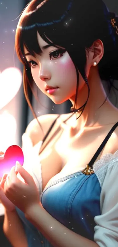 Anime girl holding a glowing heart, surrounded by soft pink light.