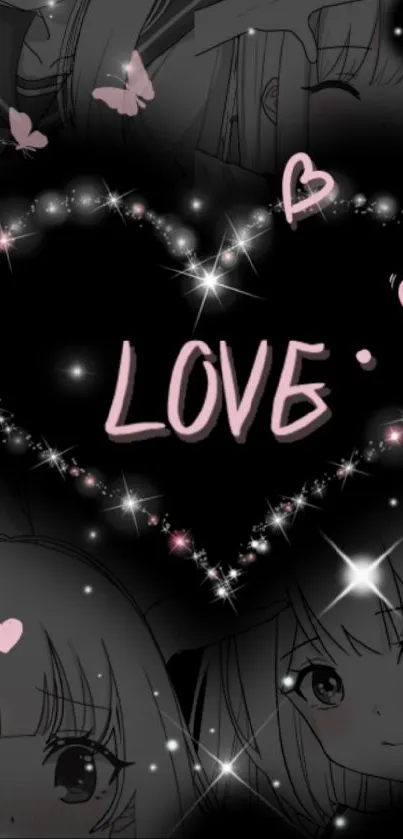 Romantic anime heart wallpaper with love text.