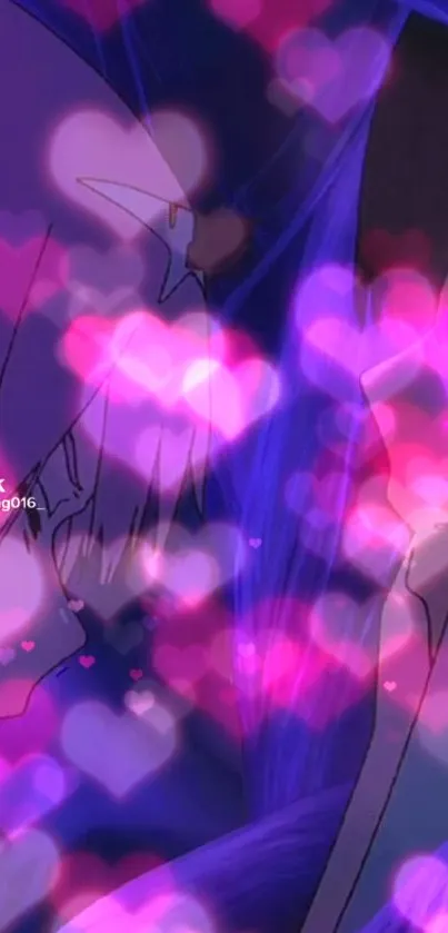 Romantic anime wallpaper with pink glowing hearts.