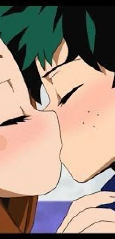 Romantic anime scene with characters kissing.