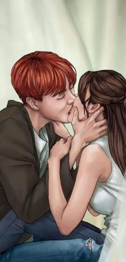Anime couple in a romantic kiss illustration, perfect for mobile wallpaper.