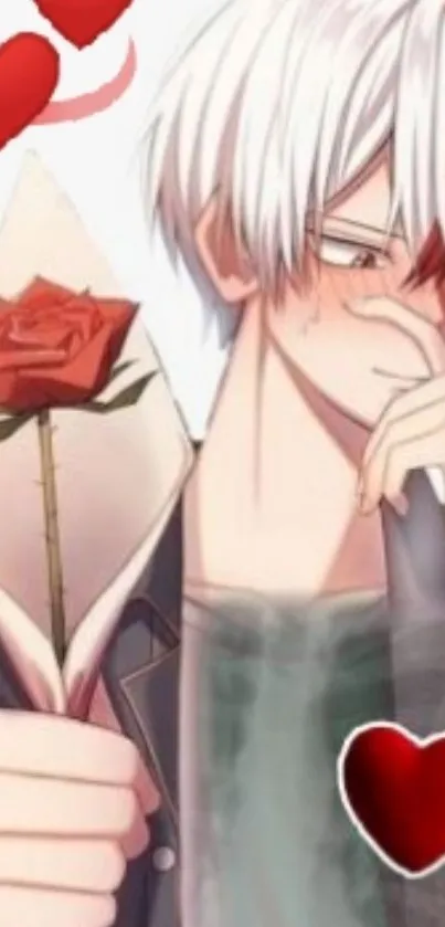 Anime character with red rose and hearts.