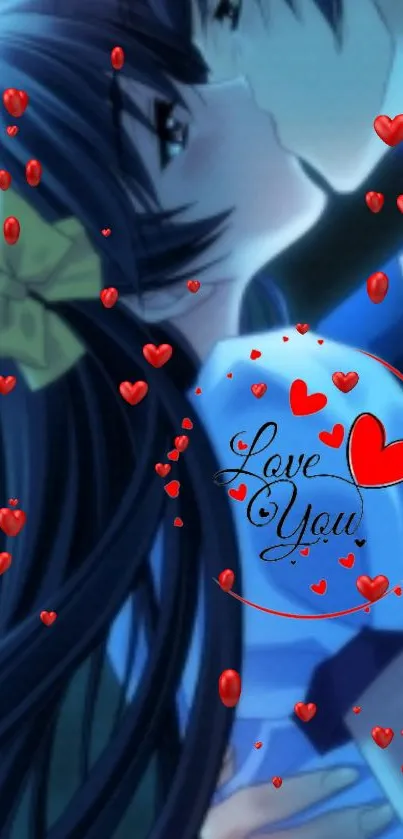 Romantic anime couple with floating hearts and 'Love You' text.