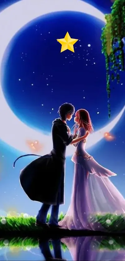 Romantic anime couple under a crescent moon at night.