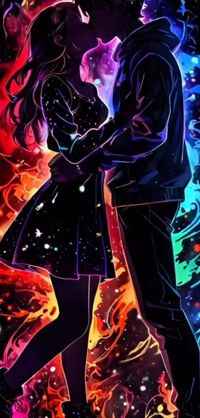 Anime couple kissing amid vibrant cosmic colors.