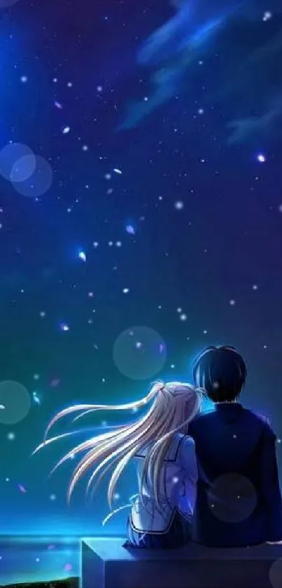 Anime couple under a starry night sky filled with blue hues.