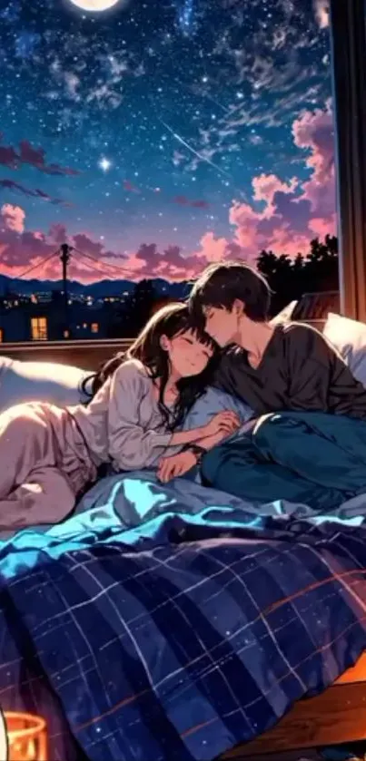 Anime couple cuddling under starry night sky.