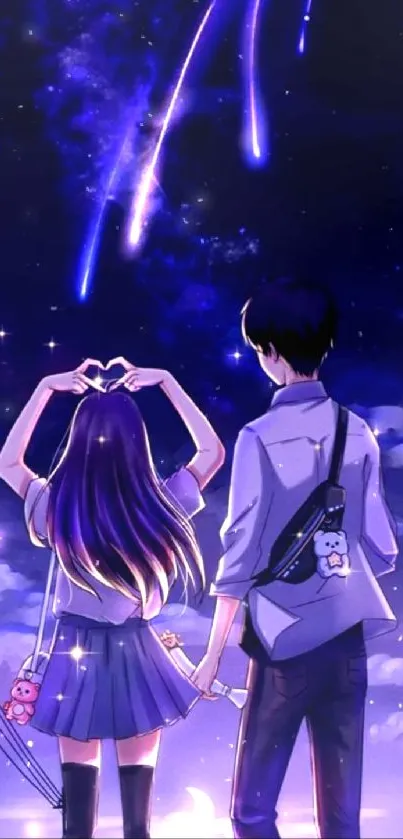 Anime couple under a starry night sky with shooting stars.