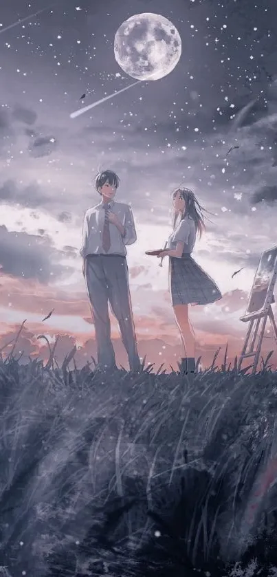 Anime couple under moonlit night sky with stars.