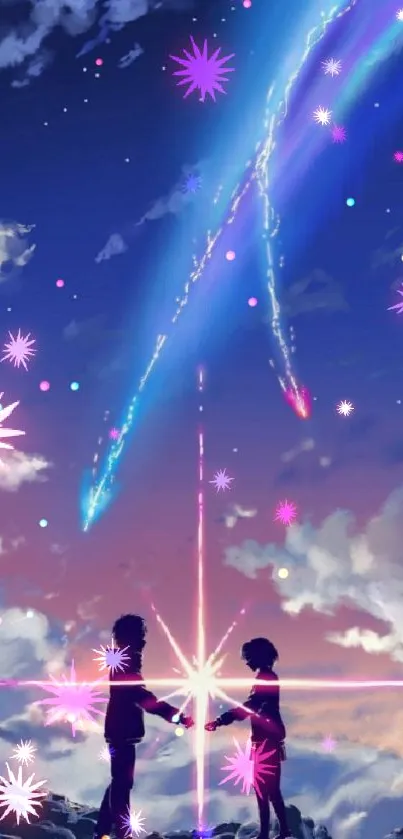 Romantic anime couple under a night sky with shooting stars.