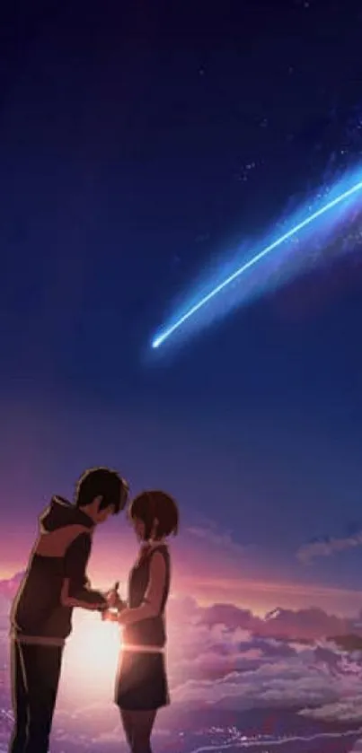 Anime couple beneath a starry sky at night.