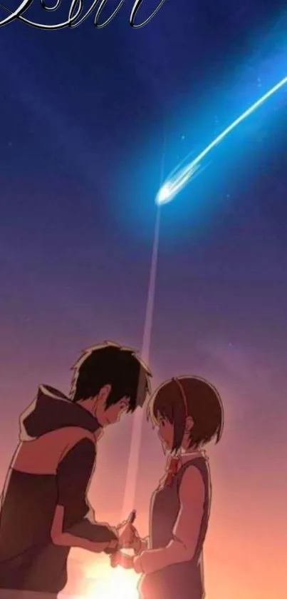 Anime couple under a starry night sky with a falling star.