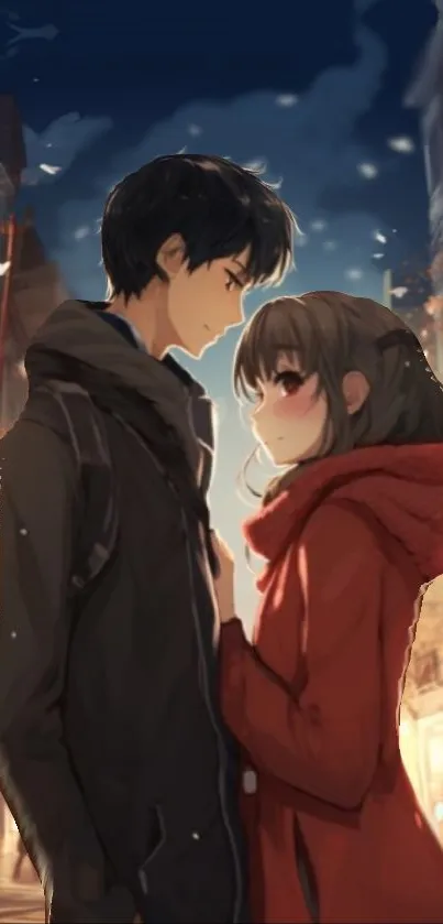 Anime couple enjoying a romantic night in the city with glowing lights.
