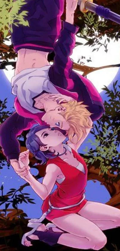 Anime couple embraces in a moonlit scene with vibrant colors.