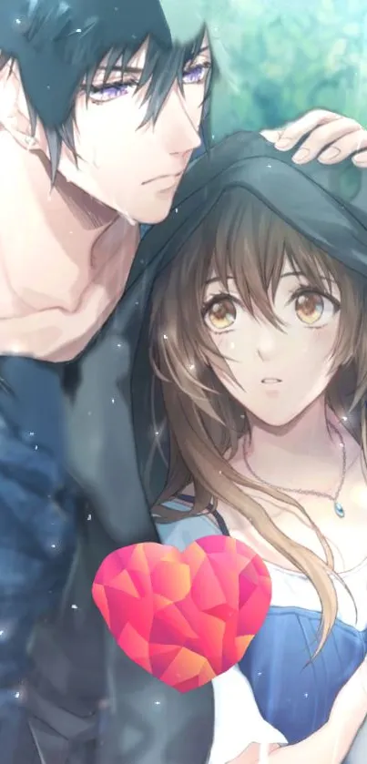 Romantic anime couple under a hooded jacket with a heart design.