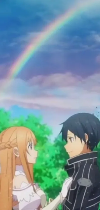 Anime couple under a rainbow in a romantic scene.