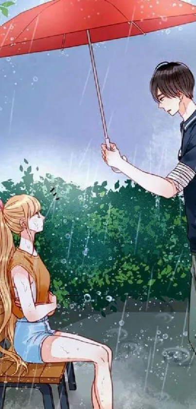 Anime couple sharing an umbrella in the rain.