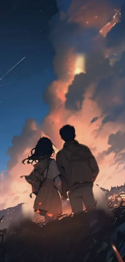 Romantic anime night sky wallpaper with couple.