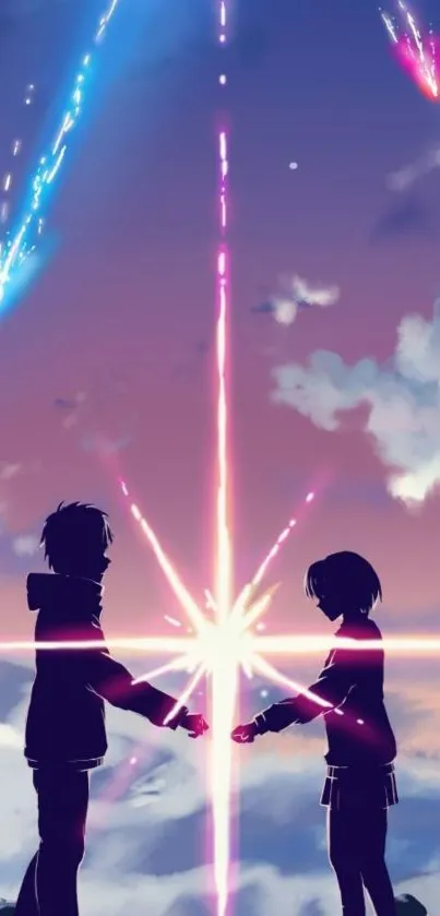 Anime silhouette couple under vibrant sky with shooting stars.