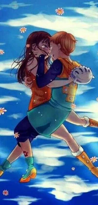 Romantic anime couple embracing in the sky.